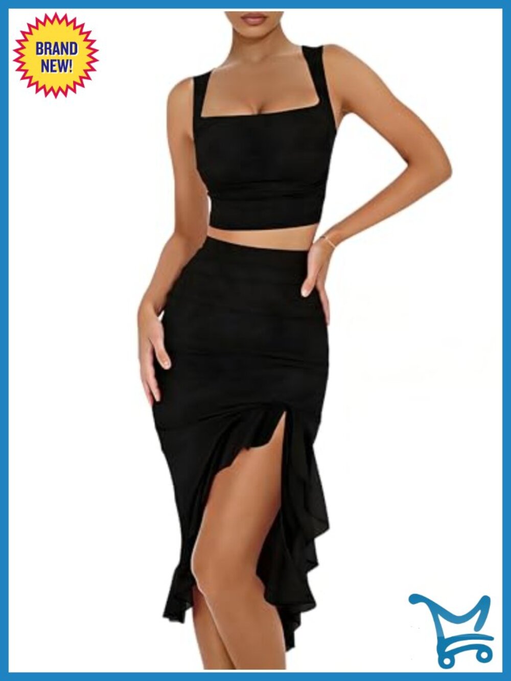 Two Piece Skirt Set Square Neck Crop Top Slit Midi Skirt